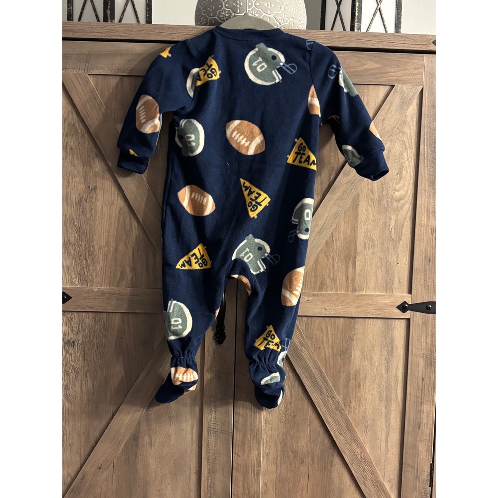 Carter's Baby Boy 6M Fleece Footed Pajama Navy Blue Football Sports 2-Way Zipper